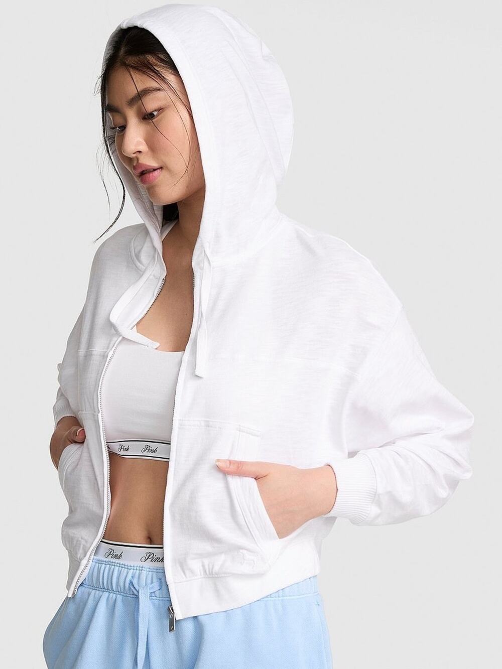 Victorias Secret PINK White Slub Knit Zip Hoodie Jacket XL Lightweight P $60